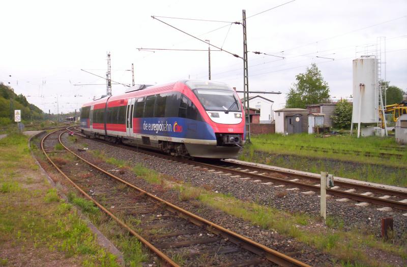 Ein 643 der Euregiobahn Aachen verlsst den Gbf von Stolberg(Rheinland) in Richtung Stolberg-Altstadt. Frhjahr 2005