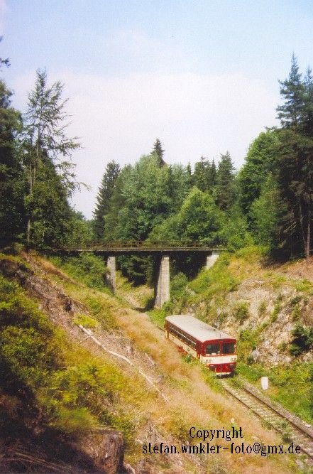 Ein 810er fhrt in bestem Licht von Asch nach Cheb. Hinter Asch passiert er im Wald diese sicher uralte Brcke, die noch mit Holzbohlen gedeckt war (2004). Die Brcke ist heute gesperrt weil das Holz durchgefault ist. Zwei kilometer weiter wrde der Gleisstrang bayerisches Gebiet erreichen...