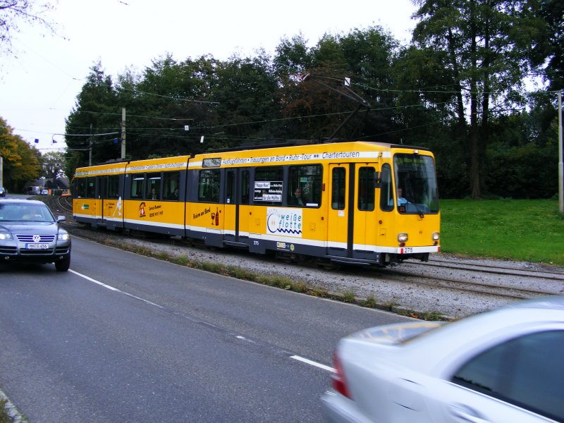 Ein DUEWAG-Stadtbahnwagen M8 der Mlheimer Verkehrsgesellschaft am Hauptfriedhof in Mlheim (Ruhr) als Zug der Linie 104 zur Haltestelle  Abzweig Aktienstrae  in Essen-Borbeck am 7. Oktober 2008.