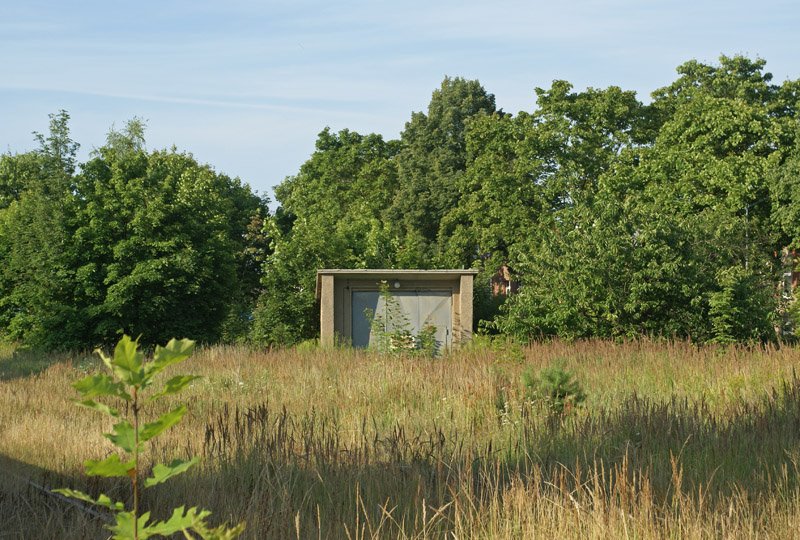 Ein eingewachsener Mini-Lokschuppen am 25.07.2008 in Malchow.