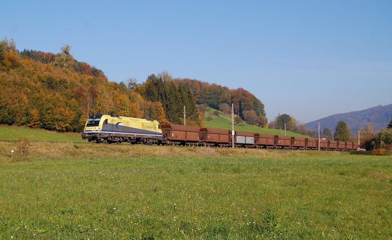 Ein Erzzug gezogen von der 1216 932 ist am 20.10.2012 in
Lahrndorf durchgefahren.