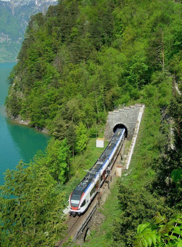 Ein FLIRT als S 2 Erstfeld - Zug bei der Einfahrt in den 128 m langen Sulzeck-Tunnel kurz nach Flelen. 
9. Mai 2008
