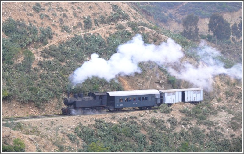 Ein GmP mit 440.008 mht sich die 35 o/oo Steigung von Arbaroba nach Asmara hinauf. (28.10.2008)