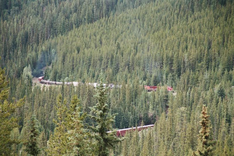 Ein Gterzug fhrt am 14.7.03 in den Rocky Mountains (Yoho Nationalpark Field) in die spektakulren Kehrtunnels. Das witzige ist, der Zug ist so lang, dass die Lok aus dem Tunnel kommt und die letzten Wagons sind nicht mal im Tunnel. Die Gterzge haben ca. 80-150 Wagons, die sie ziehen.