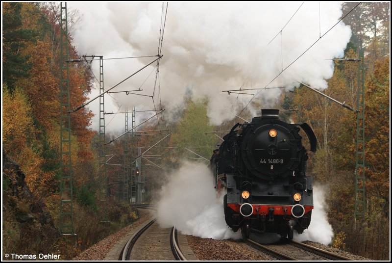 Ein Highlight der Sonderfahrt am 27.10.07 war sicherlich die Bergfahrt ber die herbstliche Tharandter Rampe, welche bis Klingenberg-Colmnitz auf dem Gegengleis zurckgelegt wurde. Hier donnert die 44 1486 bei Dorfhain durch den Tharandter Wald.