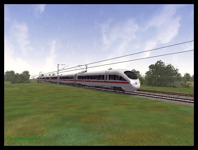 Ein ICE auf der neuerbauten Strecke Berlin Hbf-Hamburg Hbf. Diese Strecke wurde von Bluesky Interactive auf 230 km/h umgebaut. Hier in Richtung Berlin Hbf. Protrain 18.