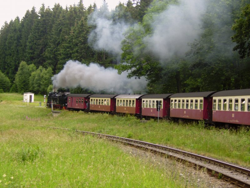 Ein Planzug der Harzer Schmalspurbahnen hat im Sommer 2007 den Bahnhof Drei Annen Hohne Richtung Brocken verlassen.