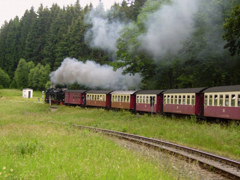 Ein Planzug der Harzer Schmalspurbahnen hat im Sommer 2007 den Bahnhof Drei Annen Hohne Richtung Brocken verlassen.