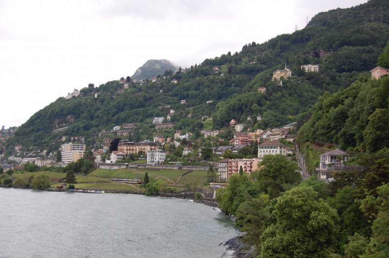 Ein RBDe 560-Triebzug nahe Veytaux, von einem Turm des Chteau de Chillon aus aufgenommen. (06.06.2008)
