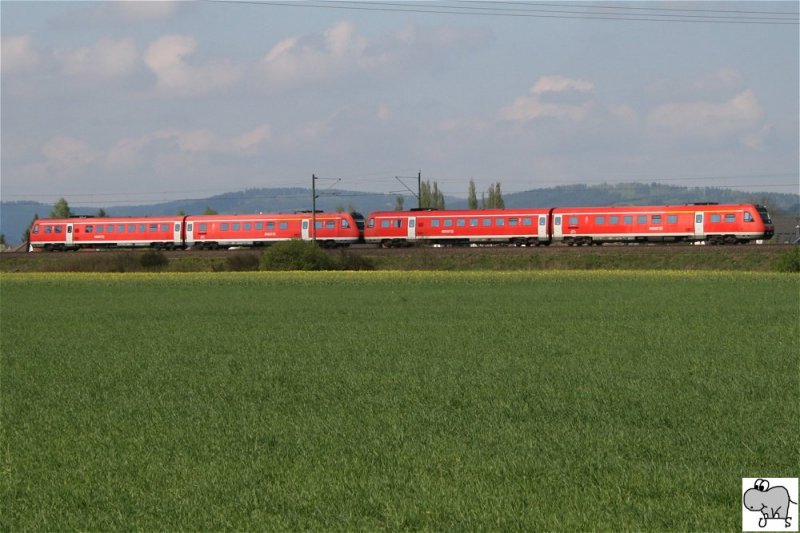 Ein in Richtung Norden fahrender Regioswinger (BR 612), aufgenommen am 19. April 2009 bei der Ortschaft Gundelsdorf im Landkreis Kronach.

