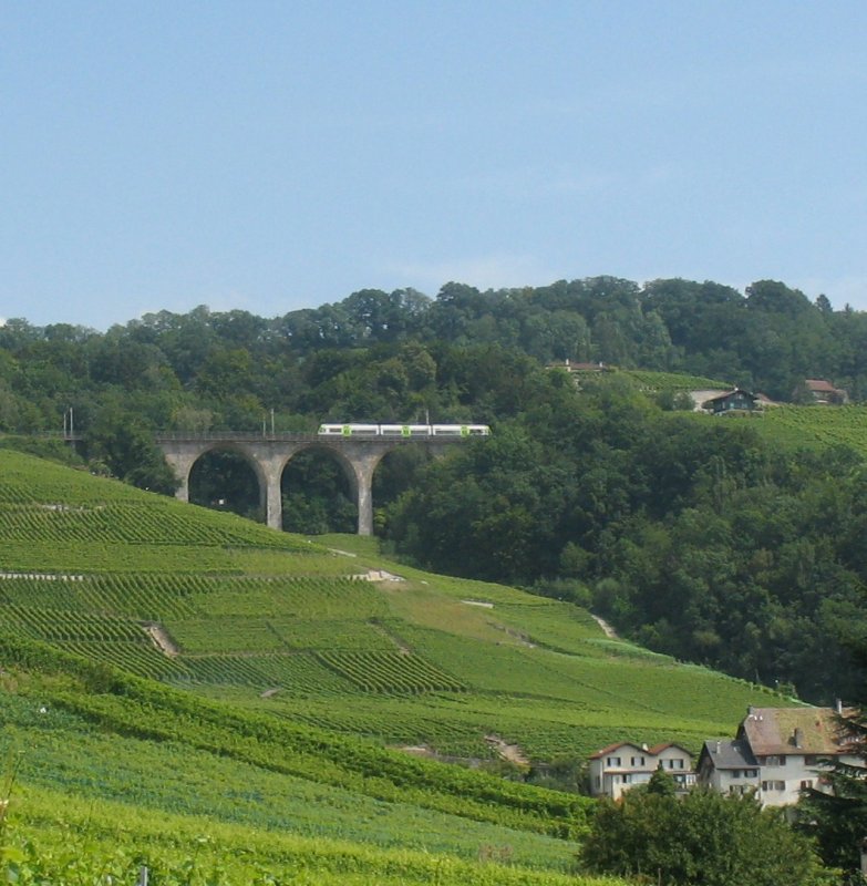 Ein Schnappschuss, ein seltener Gast auf dem 177 m langen Rochettaz-Viadukt: Ein BLS NINA-Triebzug.
(14.08.2007) 