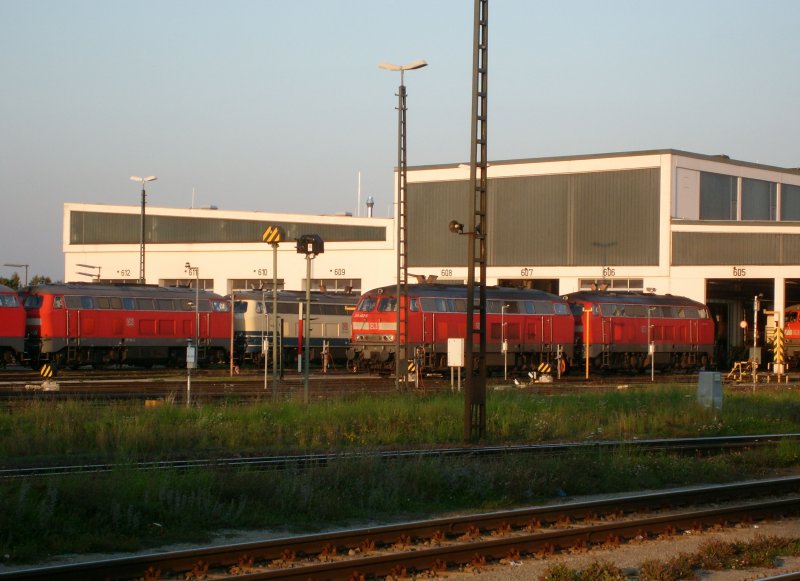 Ein schner Farbtupfer unter den abgestellten Loks der BR 217/218 im BW Mhldorf ist die beige 217 014 am Abend des 24.9.2007