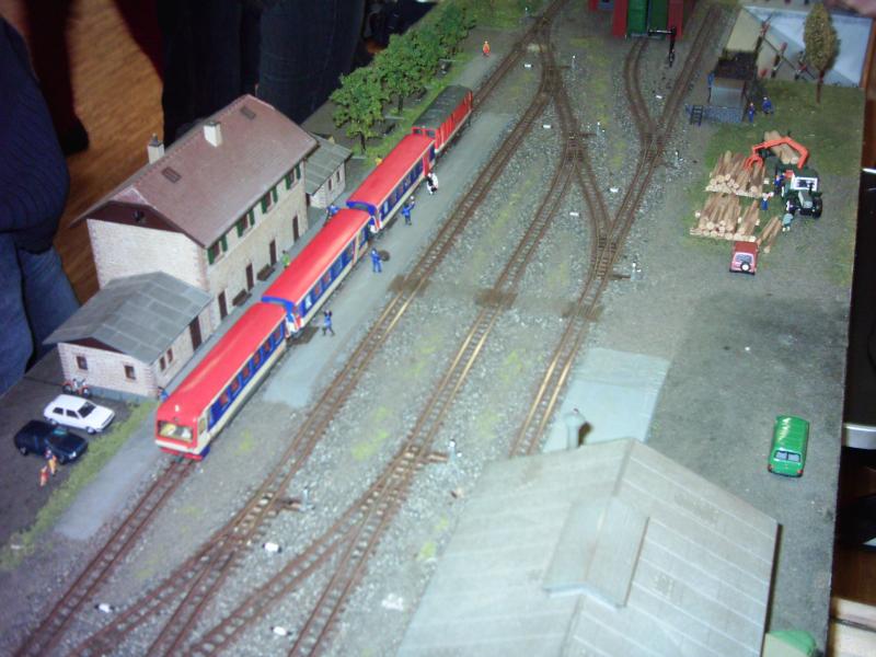 Ein Steuerwagen und die Wagen der Vorarlberger Landesbahnen VLB werden hier von einer 2095 der BB gezogen. (Die VLB ist eine Bahngesellschaft die der MBC Rankweil erfunden hat, die Wagen und Lokomotiven entstehen im Eigenbau. (2005)