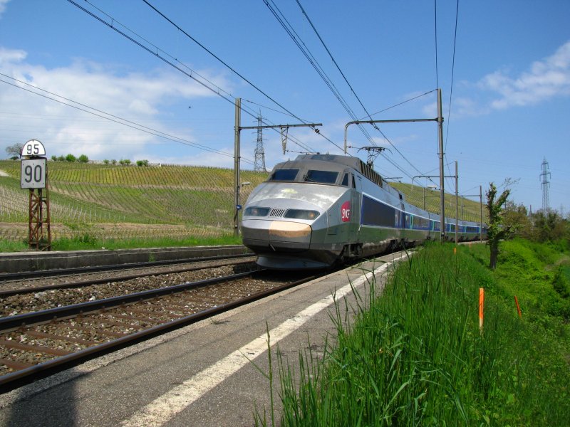 Ein TGV in Richtung Frankreich bei Russin. 1.Mai 2009