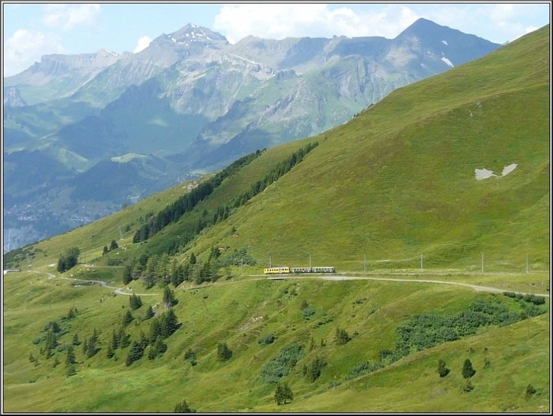 Ein Triebzug der WAB (Wengernalpbahn) hat die Kleine Scheidegg verlassen und fhrt durch die schne Landschaft der Jungfrauregion in Richtung Wengen am 30.07.08. (Jeanny)