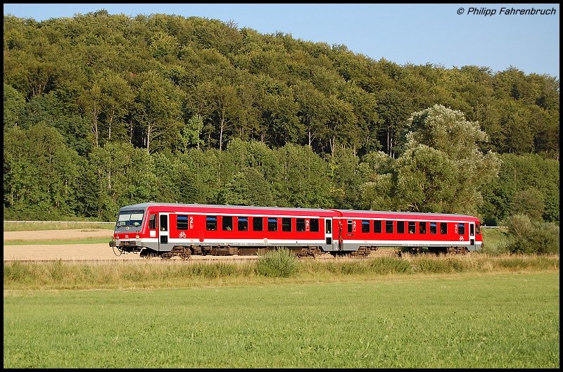 Ein unbekannter 628er fhrt am 25.07.07 als RE 22560 von Ulm HBF nach Crailsheim, hier bei Knigsbronn aufgenommen.