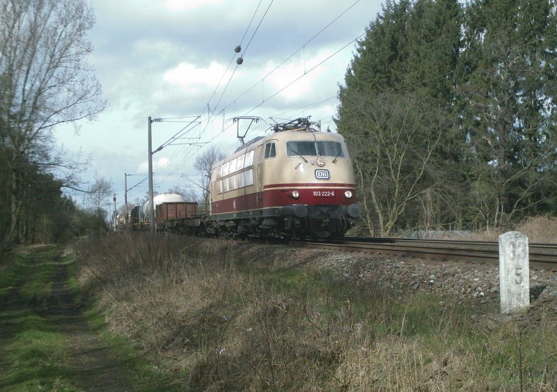 Eine 103 vor vor einem Gterzug! So gesehen, so gesehen
Hhe Peine-Horst.
103 222 fhrt mit diesem Zug aus Richtung Hannover am
11.03.2008 um 11.12 Uhr vorbei, um weunig spter in den
Gterbahnhof Peine abzubiegen.