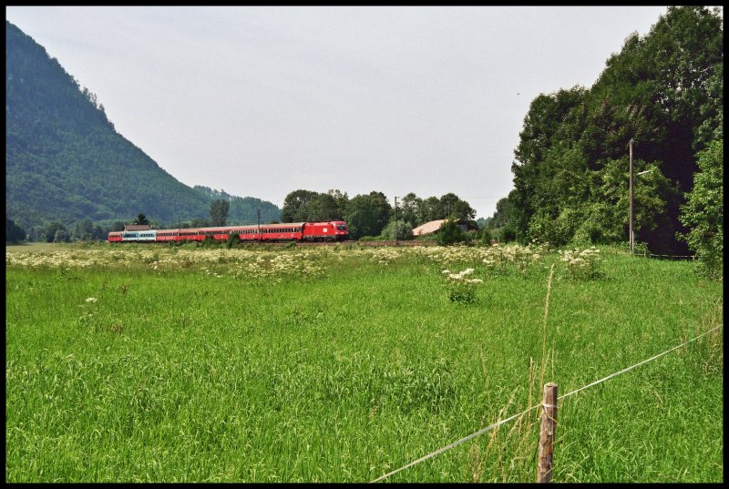 Eine 1116 bringt im Juni 2005 den OEC 566  Stadt Innsbruck  von Wien Westbahnhof ber Salzburg nach Innsbruck. Aufgenommen bei Niederaudorf.