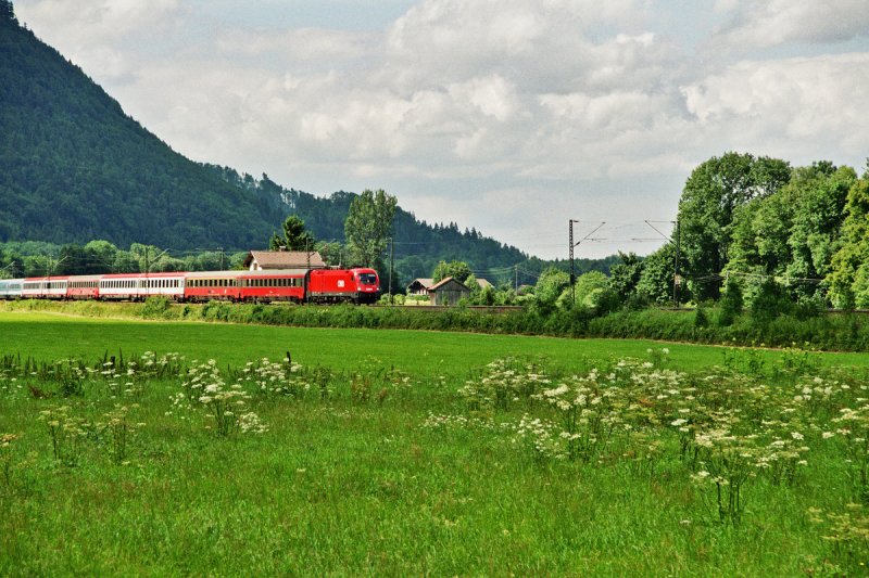 Eine 1116 bringt den OEC 566  Stadt Innsbruck  von Wien Westbahnhof nach Innsbruck, und passiert Niederaudorf.