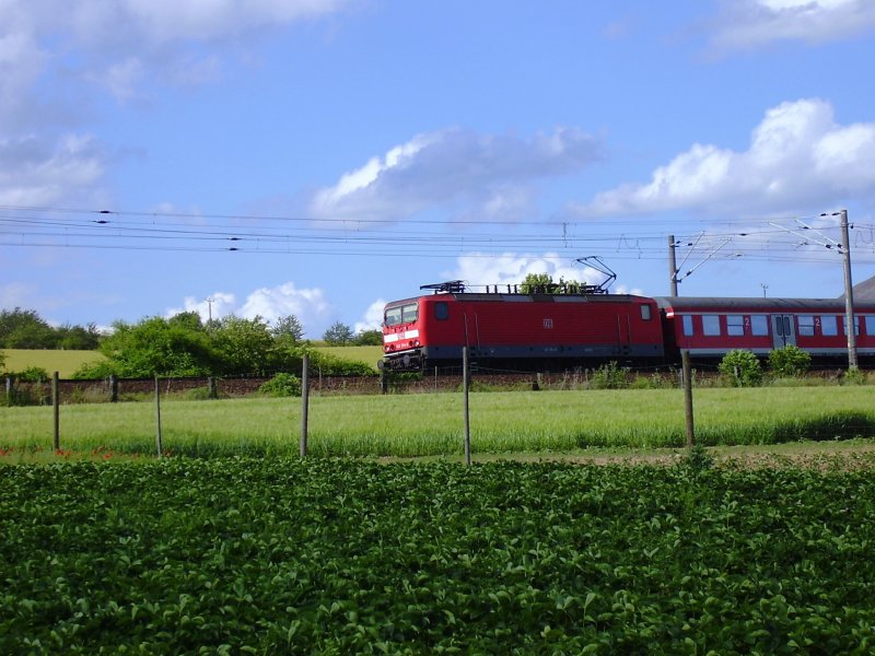 Eine 143 fhrt am 16.06.2007 mit ihrem RegionalExpress Richtung Nordhauen, hier hinter Sangerhausn. 