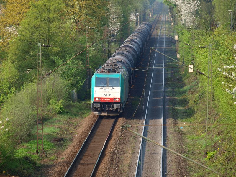 Eine 186er mit einem Kesselzug kommt von Belgien die Rampe vom Gemmenicher Tunnel runter und fhrt nun langsam richtung Aachener Westbahnhof. Die Aufnahme wurde am 15.04.2009 von der Brcke Halifaxstrasse gemacht.