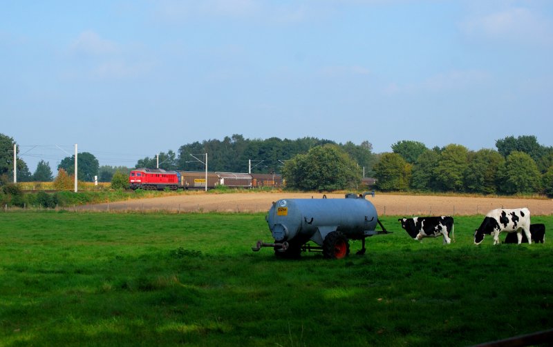 Eine 232 kurz nach der Durchfahrt durch den Bahnhof Kupferm�hle bei Tremsb�ttel befindet sich auf der Fahrt nach Hamburg.
27.09.08