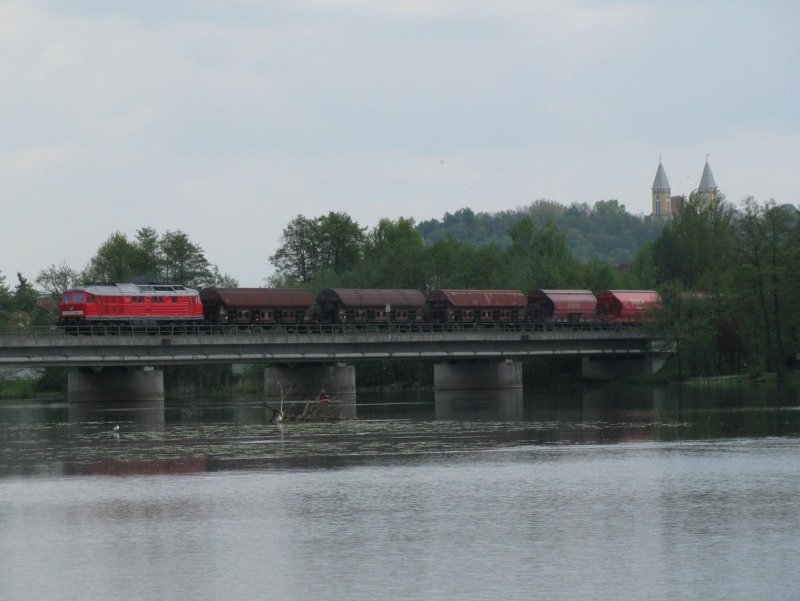 Eine 232 �berquert mit G�terzug 56907 am 6.5.2008 die Naabbr�cke in Schwandorf.