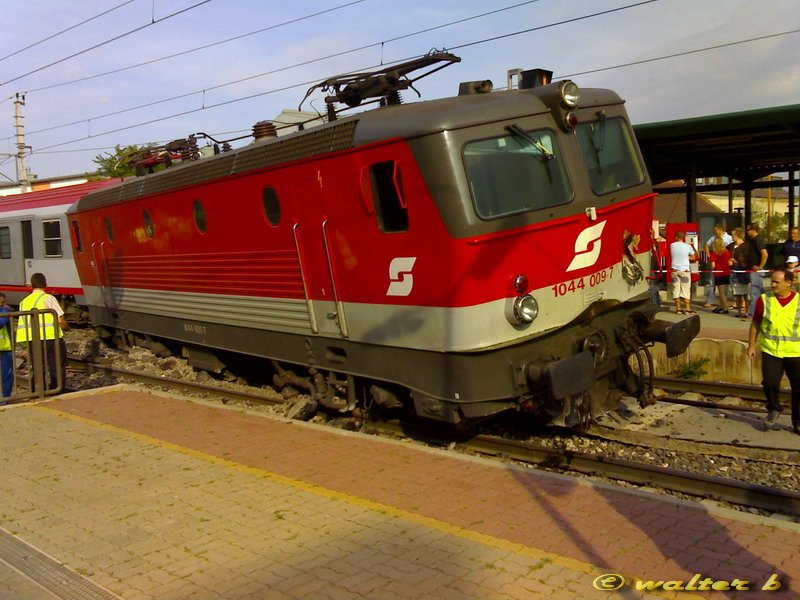 Eine Aufnahme vom 28.August 2007. Die 1044-009 streifte, trotz Notbremsung, vor dem Bahnhof Gumpoldskirchen einen Bagger und entgleiste. Die Sdbahnstrecke musste dadurch zwischen Mdling und Baden fr einen halben Tag komplett gesperrt werden.