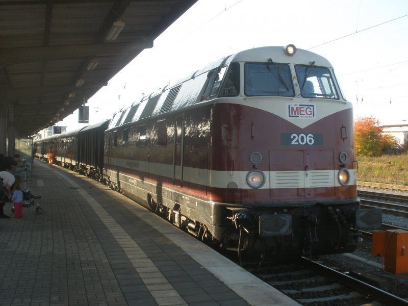 Eine BR 118 der MEG die den Sonderzug aus Chemnitz in den Bahnhof Weimar rangierte. Am 11.10.08.
