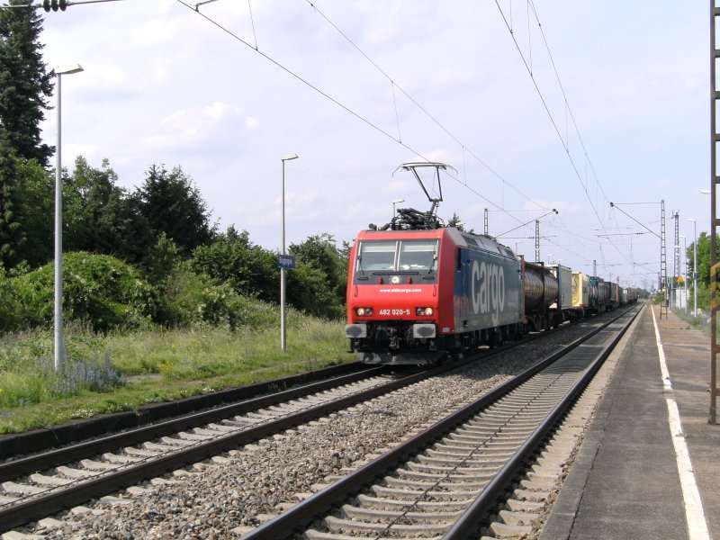 Eine BR 482 der SBB Cargo fhrt von Freiburg nach Basel durch den Bahnhof Buggingen am 27.05.2009.