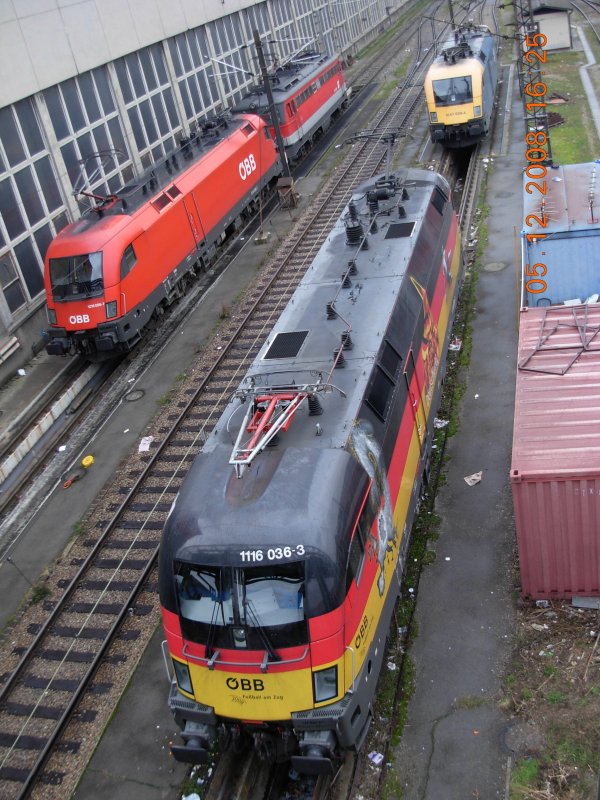 Eine bunte Mischung verschiedener Lokomotiven war am Nachmittag des 5.12.2008 in der Traktion Wien West zu sehen.