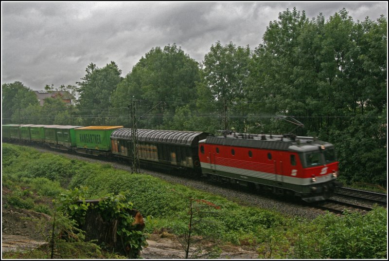 Eine Domne der 1144 ist der HANGARTNER-EXPRESS von Rostock Seehafen nach Verona. Bei Rosenheim fhrt sie bei strmenden Regen Richtung Italien. (02.07.07)