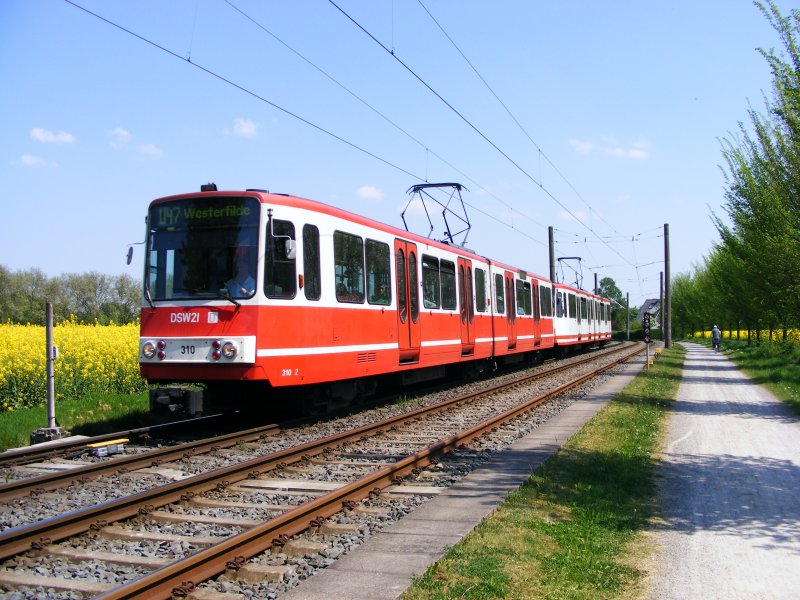 Eine Doppeltraktion aus Stadtbahnwagen B der Dortmunder Stadtwerke zwischen Dortmund-Obernette und Westerfilde als Zug der Linie U47 nach Westerfilde am 09. Mai 2008.