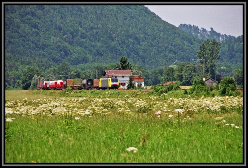 Eine E189 von Lokomotion bringt bei Niederaudorf im Inntal einen KLV-Zug von Mnchen zum Grenzbahnhof Brenner/Brennero.