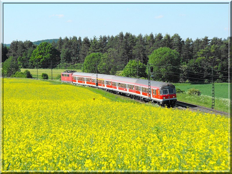 Eine etwas andere Perspektive mit einer Regionalbahn nach Plattling,und mit einer gelben Hose nachdem ich das Bild im  Kasten  hatte.(23.05.2009)