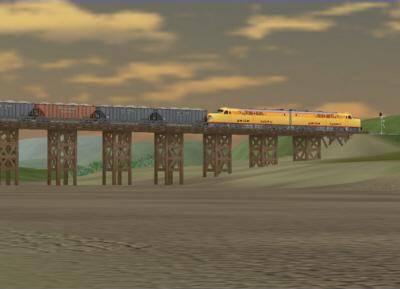 Eine fiktive Anlage im US-Stil. berquerung eines Gterzuges ber einen ausgetrockneten Sees.