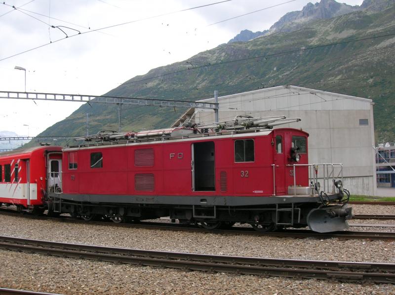 Eine HGE 4/4 1  DER ( Matterhorn Gotthard Bahn ) FO am 17.08.2005 in Andermatt.