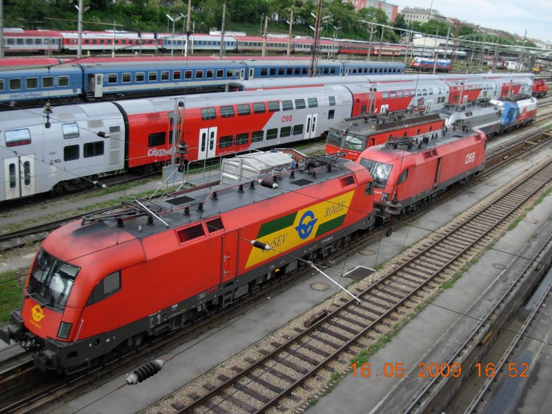 Eine illustre Gesellschaft war am 16.5.2009 in der Traktion Wien West versammelt. Rechts am oberen Bildrand ist auch noch die russische EM-Lok zu erkennen, welche Richtung Bahnhof f�hrt.