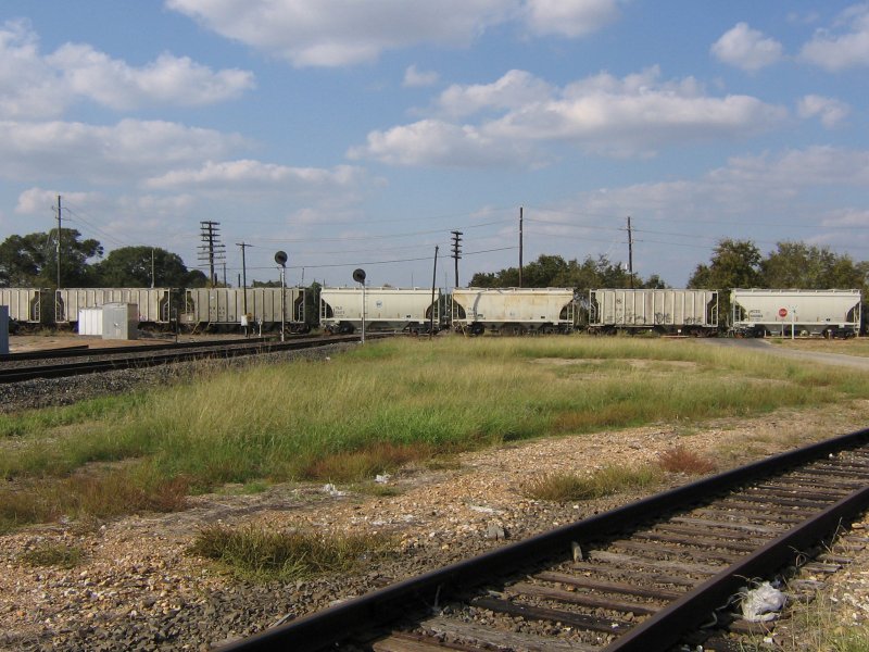 Eine interessante Gleiskreuzung in Sealy, die gerade von einem Gterzug befahren wird. Aufgenommen am 5.11.2007.
