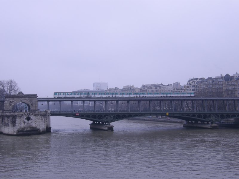 Eine Metro fhrt auf der Linie 6 ber die Pont de Bir-Hakeim. (13.2.09)