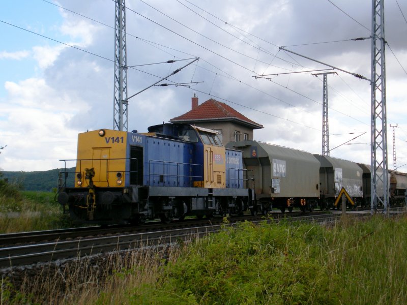 Eine modernisierte V100 der Connex fhrt einen Ganzzug am Block Steinberg Richtung Sangerhausen, 8.07.2008