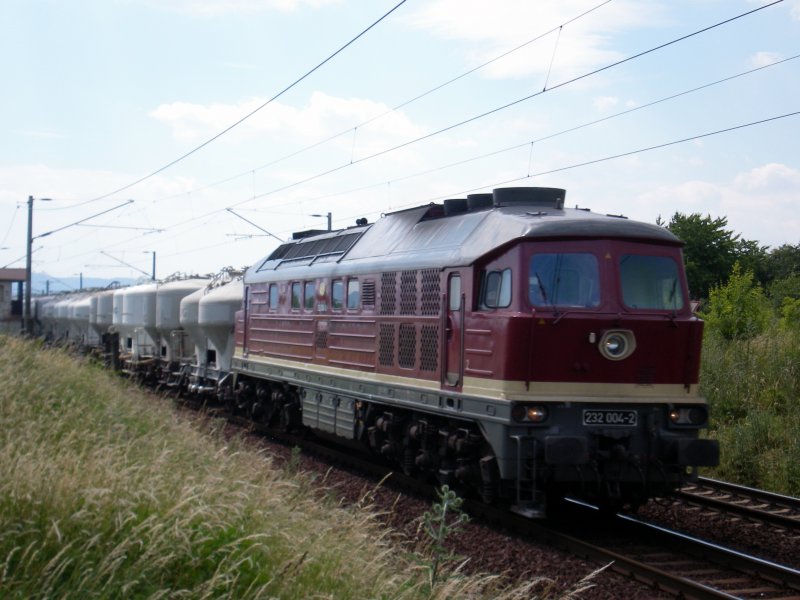 Eine der Starleistungen auf der Halle-Kasseler-Bahn ist der LEG Zementpendel Deuna Werkbahnhof-Deutschenbora. Hier ist der Zug kurz vor Sangerhausen am ehemaligen BK Gonna unterwegs, 19.06.2008