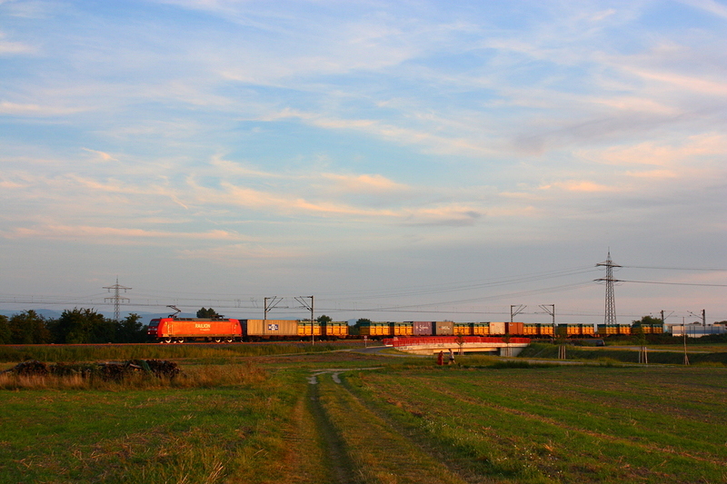 Eine unbekannte 145 zieht am 17.08.09 einen Gterzug richtung Norden. Gerade ist sie aus dem Ort Durmersheim heraus gefahren.