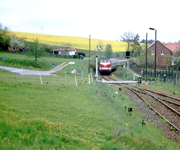 Eine wunderschne Strecke in ihren letzten Atemzgen - Triptis - Lobenstein, hier ganz in der Nhe von Knau. ES fhrt ein 219 020 mit einer typischen Ex-DDR-Garnitur. Auch mit Diesellok, eine klassische Eisenbahm-Idylle