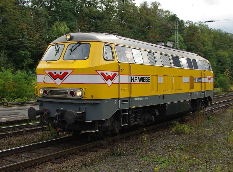 Einen schnen Farbklecks im tristen Herbs-Grau bietet die 216 032-3 der Wiebe. Hier Lz durch Eichenberg in Fahrtrichtung Norden. Aufgenommen am 06.10.2009.