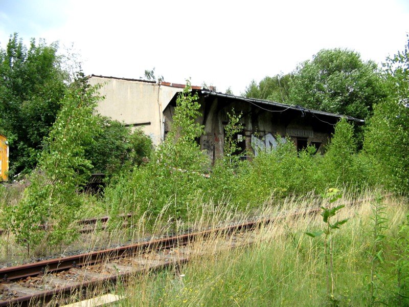 Einer der Gterschuppen des Bahnhofs Altendorf ist in einem erbrmlichen Zustand, die Anschrift  Kohlensure  hat die Zeiten berdauert, Chemnitz 10.07.07