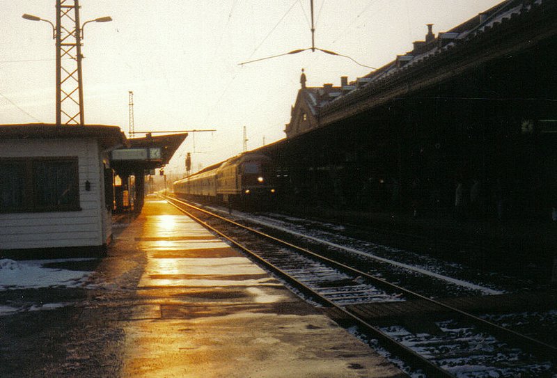 Einfahrt des RE von Wrzburg nach Greiz in den Erfurter Hbf. Es zog 232 194-1 am 14.02.1999.