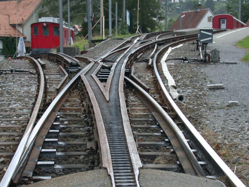 Einfahrweichen Heiden im Zahnstangenabschnitt System Riggenbach. Es gibt bei der RHB vier solcher Zahnstangenweichen, neben den zwei in Heiden eine weitere bei der Ausweichstelle Wienacht-Tobel und eine in Rorschach Bergstation als Zufahrt zu einer Maschinenfabrik. Leider findet auf diesem Anschlussgleis kein Verkehr mehr statt. (22.09.2004)