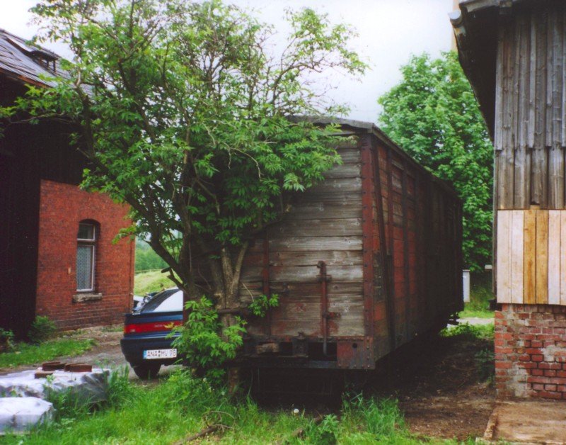 Eingewachsener Schmalspurgterwagen in Cranzahl, Juni 2002
Wie lange wird ein Baum wohl brauchen um genau durch die Rahmenausschnitte eines Schmalspurgterwagens hindurchzuwachsen?
