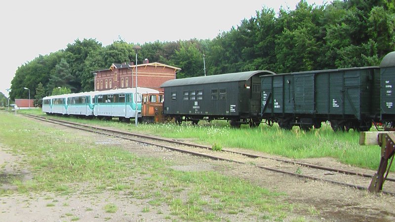 Einige Gterwagen und Ferkeltaxen stehen im Bahnhof Seebad Heringsdorf.